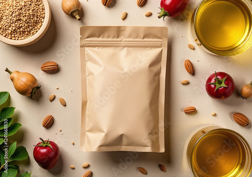 brown linen seed packets sit beige flaxseed background surrounded healthy superfood ingredients vegetable oil