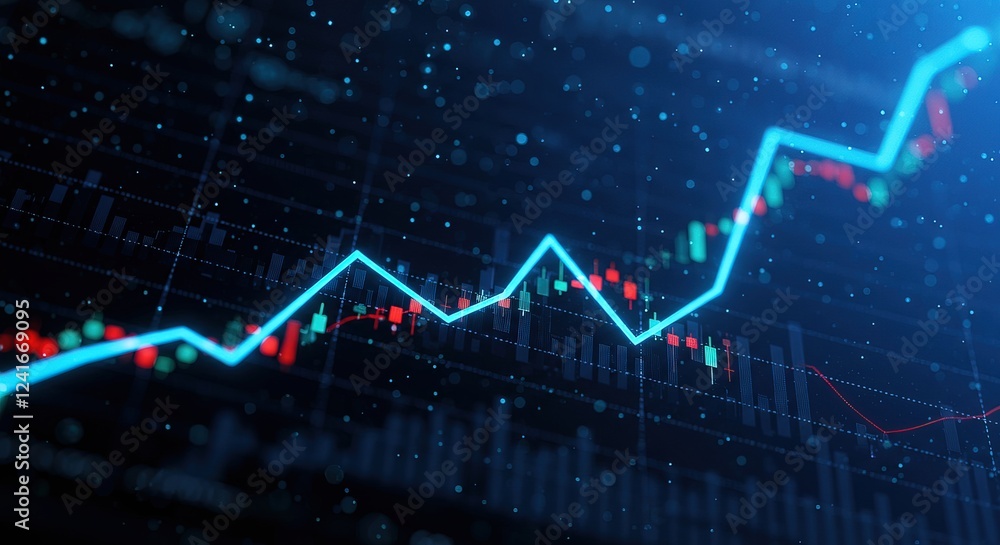 Naklejka premium A dynamic visual representation of stock market trends. Blue line shows upward trajectory amidst red and green candlestick charts, indicating price fluctuations and overall market performance.