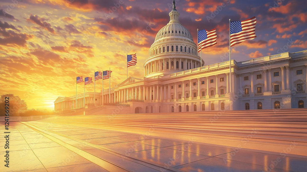Fototapeta premium USA flags on Washington DC building, Independence Day.
