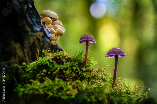 Fantastic world of mushrooms. Glowing  Laccaria amethystina. Luminescent mushrooms glowing in the moss photo