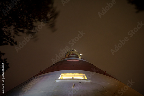 Lighthouse on Dutch Wadden Island at night. majestic high up view against the dark night sky photo