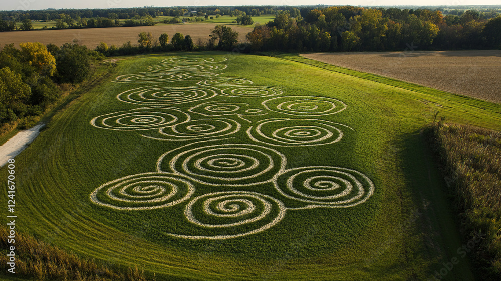 Aerial View of Spiral Patterns in Green Field