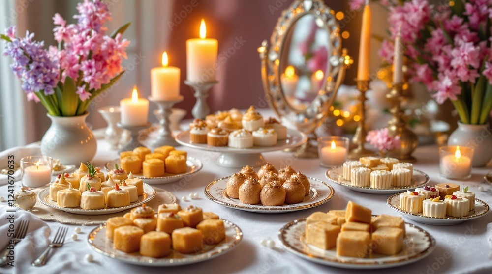 Festive table setting with pastries and candles for holiday-themed designs Festive table setting with pastries and candles for holiday-themed designs
