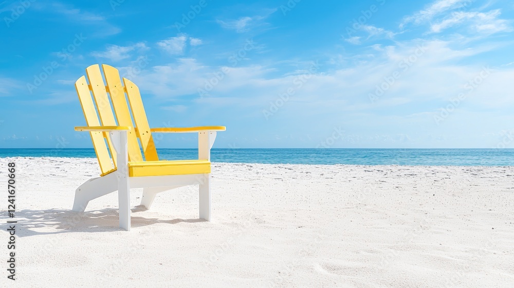 Yellow beach chair on white sand, ocean view, summer relaxation Yellow beach chair on white sand, ocean view, summer relaxation
