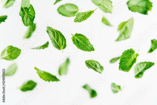 A cluster of green leaves caught in the air, creating a whirlwind effect