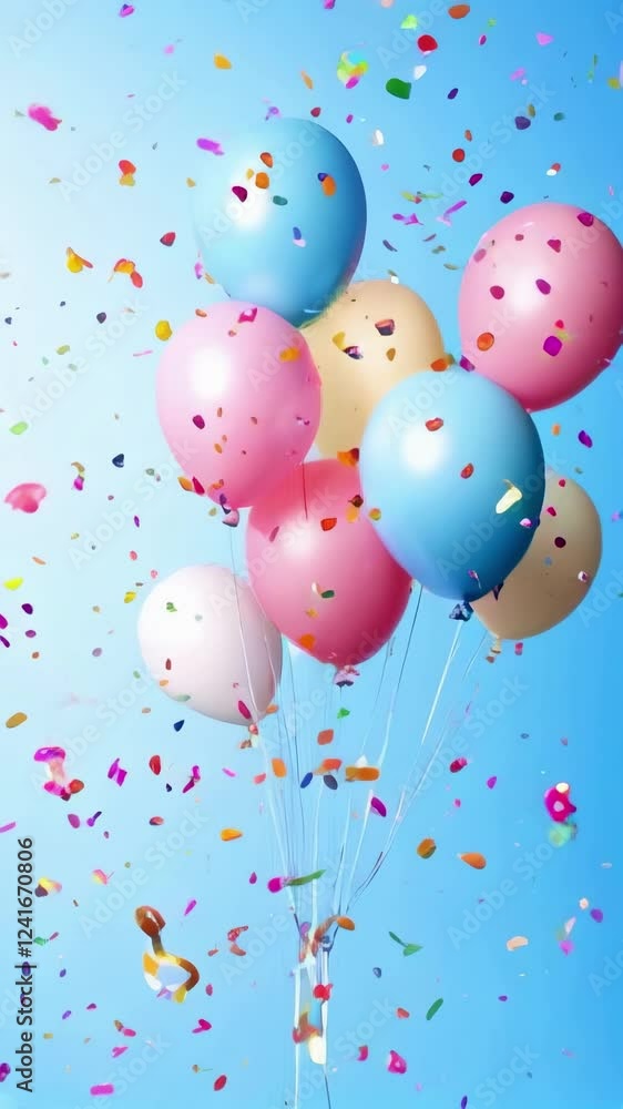 Brightly colored balloons ascend against a blue backdrop while vibrant confetti falls, creating a festive atmosphere perfect for celebrations and parties. Brightly colored balloons ascend against a blue backdrop while vibrant confetti falls, creating a festive atmosphere perfect for celebrations and parties.