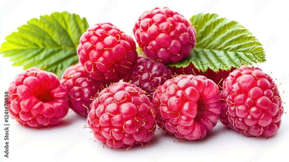 Fresh raspberries and leaves arranged on a clean white surface Fresh raspberries and leaves arranged on a clean white surface