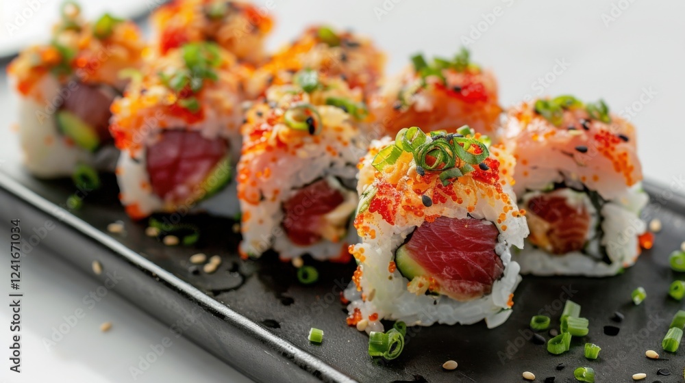 Detailed close-up of sushi varieties like dragon rolls, spicy tuna, and cucumber maki on a glossy black plate, set against a bright white background Detailed close-up of sushi varieties like dragon rolls, spicy tuna, and cucumber maki on a glossy black plate, set against a bright white background