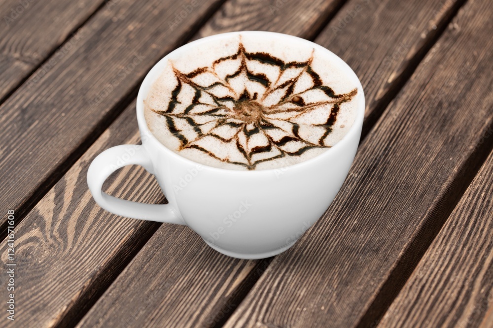 Tasty hot Espresso coffee in cup on desk Tasty hot Espresso coffee in cup on desk