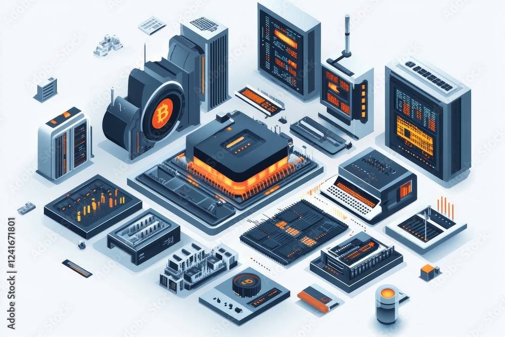 Intricate Cryptocurrency System Visualization: A Detailed Isometric Illustration of Bitcoin Network Architecture Intricate Cryptocurrency System Visualization: A Detailed Isometric Illustration of Bitcoin Network Architecture