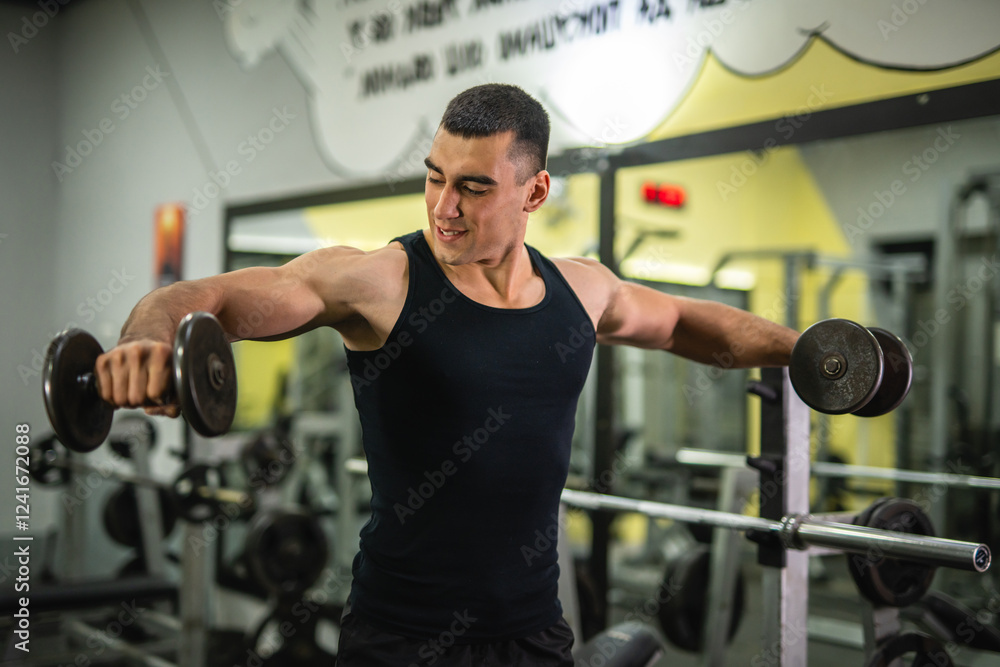 young muscular man do exercise for strong shoulder with dumbbells young muscular man do exercise for strong shoulder with dumbbells