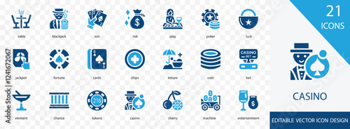 Casino solid  icon set. containing  lose,  tokens, roulette,  coin,  machine,  luck and more vector icon collection 