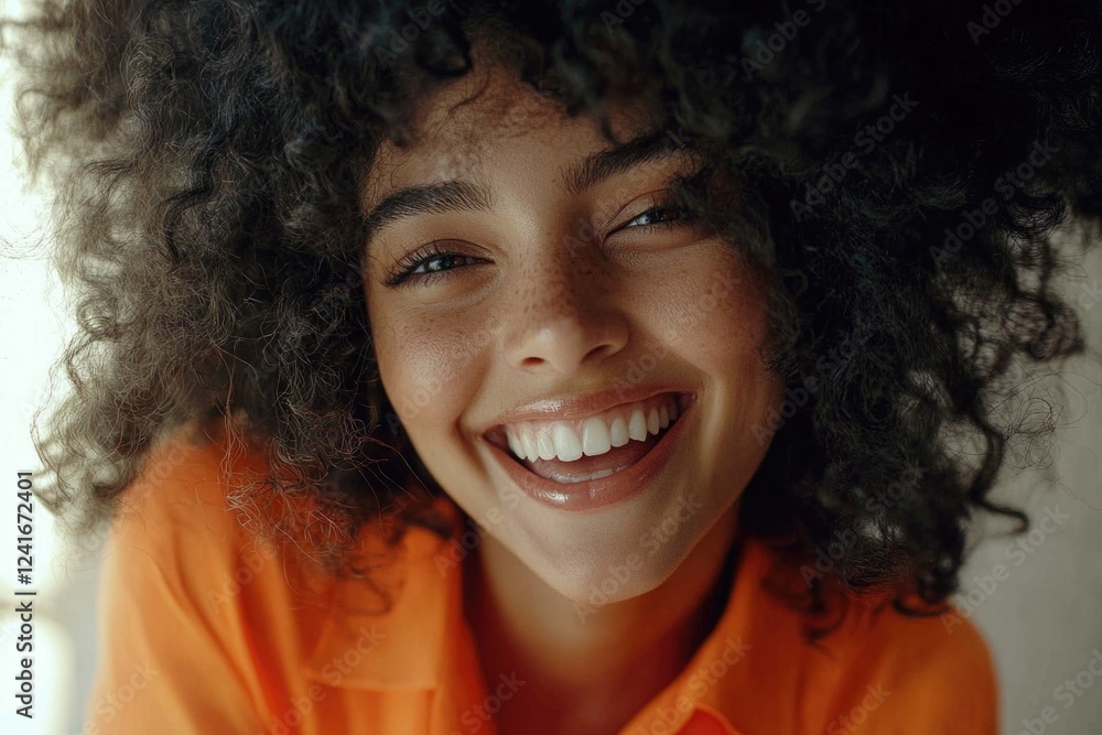 A smiling woman with a big afro hairstyle poses for the camera A smiling woman with a big afro hairstyle poses for the camera