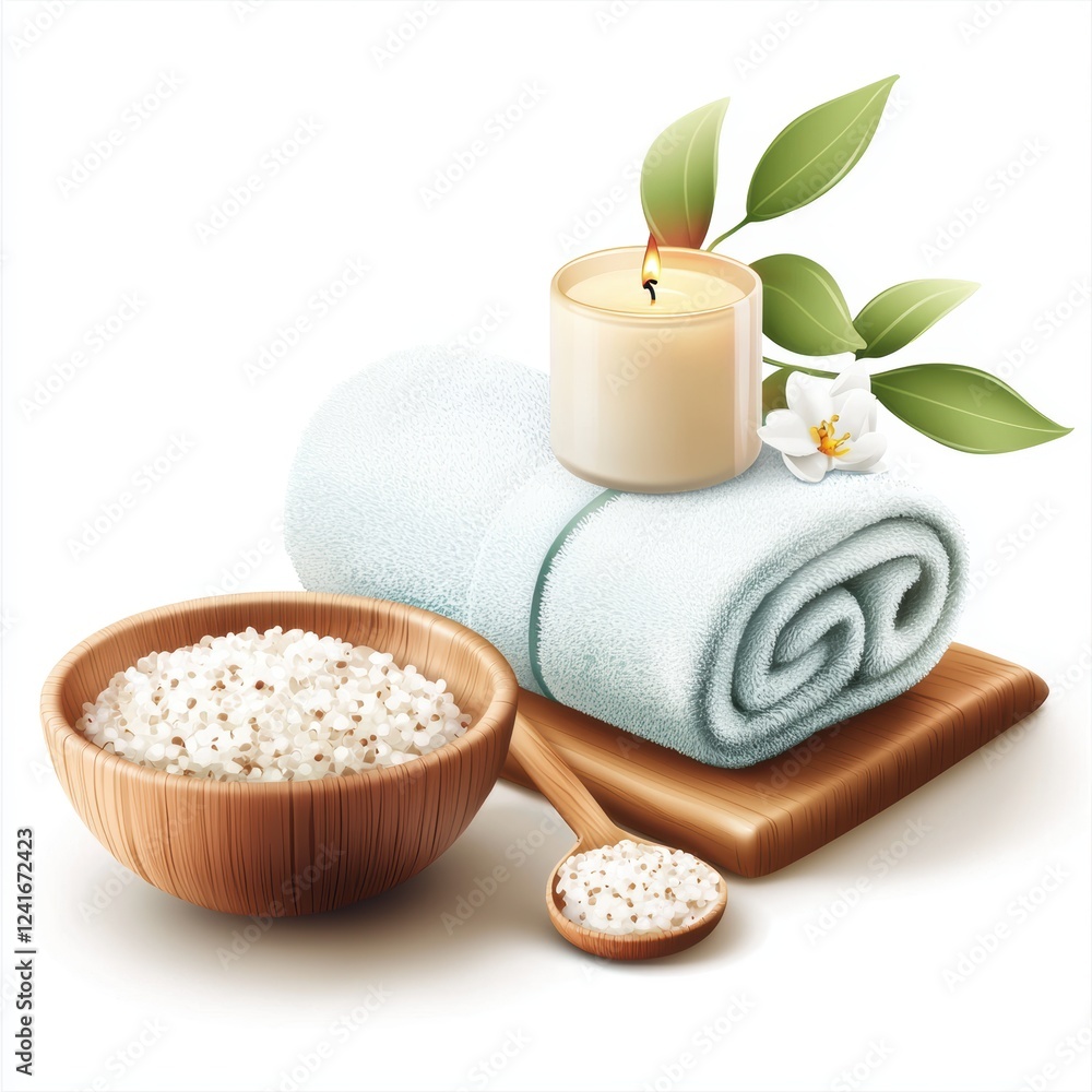 Relaxing spa setup with a rolled towel, a scented candle, and a bowl of bath salts, isolated on white background Relaxing spa setup with a rolled towel, a scented candle, and a bowl of bath salts, isolated on white background