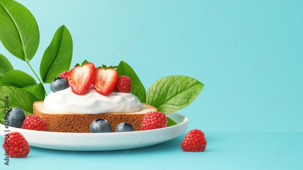 Fresh Fruit Dessert with Cream on a Light Blue Background Fresh Fruit Dessert with Cream on a Light Blue Background
