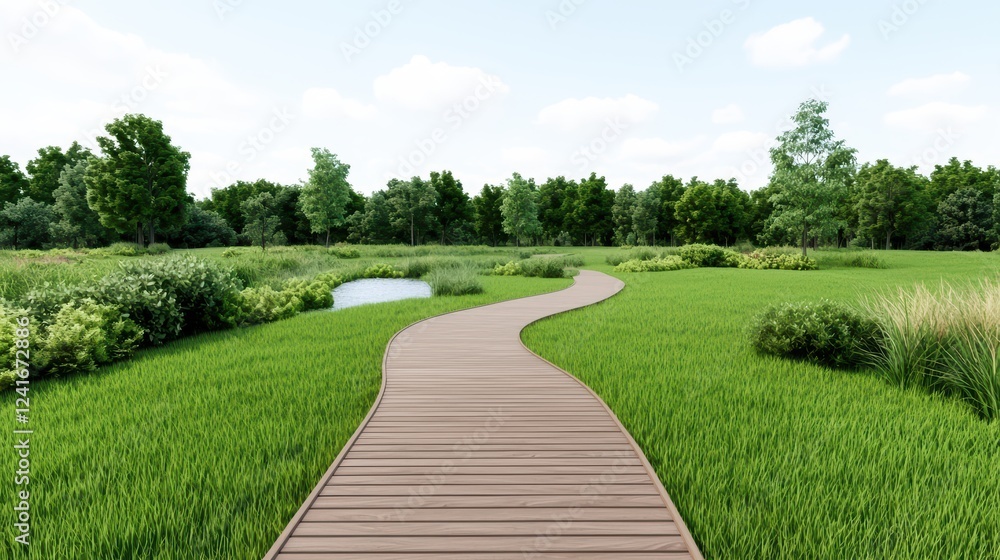 Serene Pathway Through Lush Green Landscape Under Clear Sky Serene Pathway Through Lush Green Landscape Under Clear Sky