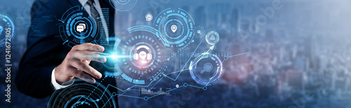 Obraz na płótnie Customer Support: Businessman analyzing technological data and customer feedback, service optimization, issue resolution, user satisfaction, support automation, CRM tools, and helpdesk integration