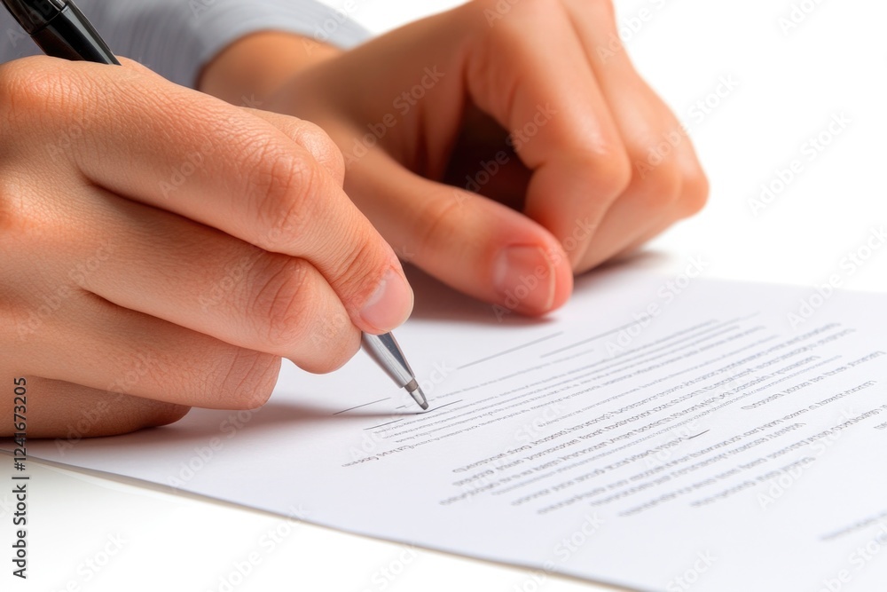 A person signs a document with a pen, a simple and common action A person signs a document with a pen, a simple and common action
