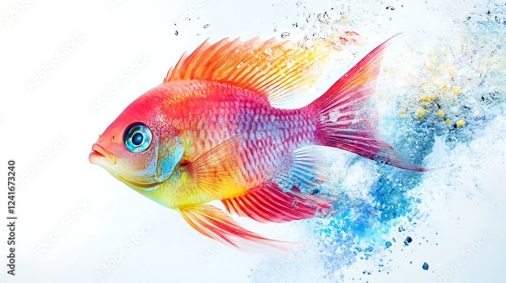 Fototapeta premium A colorful fish is swimming in a blue and white background