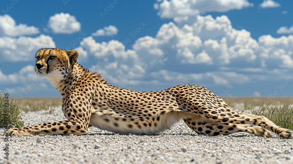 Cheetah resting in African savanna under a blue sky; wildlife photography Cheetah resting in African savanna under a blue sky; wildlife photography