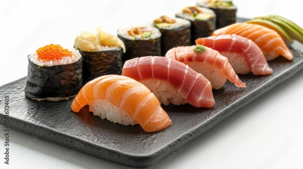 Detailed close-up of sushi varieties like dragon rolls, spicy tuna, and cucumber maki on a glossy black plate, set against a bright white background Detailed close-up of sushi varieties like dragon rolls, spicy tuna, and cucumber maki on a glossy black plate, set against a bright white background