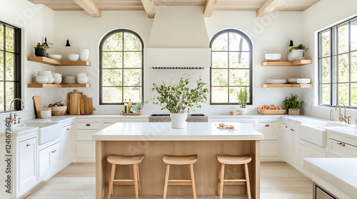 A large kitchen with a white island and wooden stools