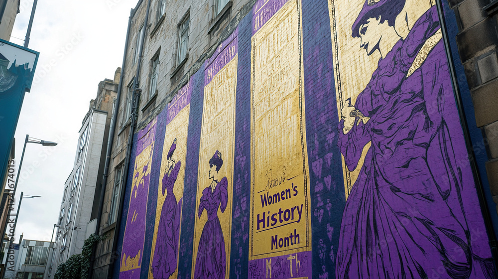 Obraz premium Women's History Month Suffragette Mural in Purple and Gold