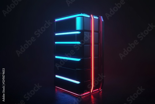 Futuristic server stack with glowing lights, representing advanced technology, data storage, and network infrastructure. photo