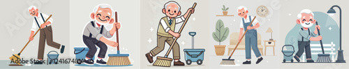 vector of an elderly person sweeping the floor