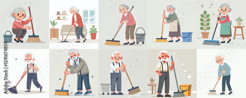 vector of an elderly person sweeping the floor