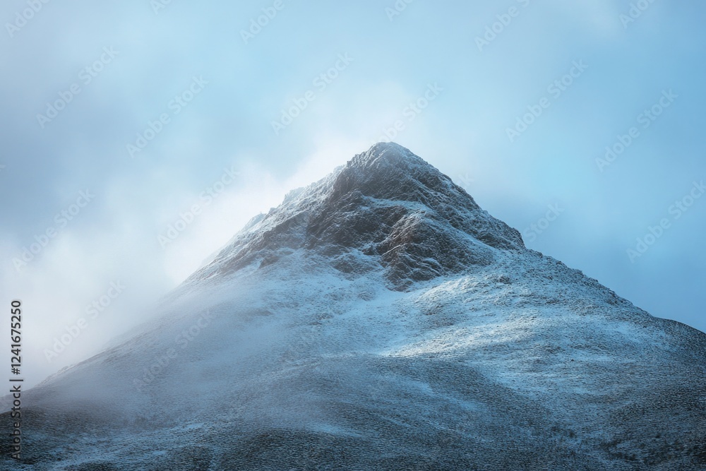 Mountain covered in snow with a blue sky, great for winter or nature scenes Mountain covered in snow with a blue sky, great for winter or nature scenes