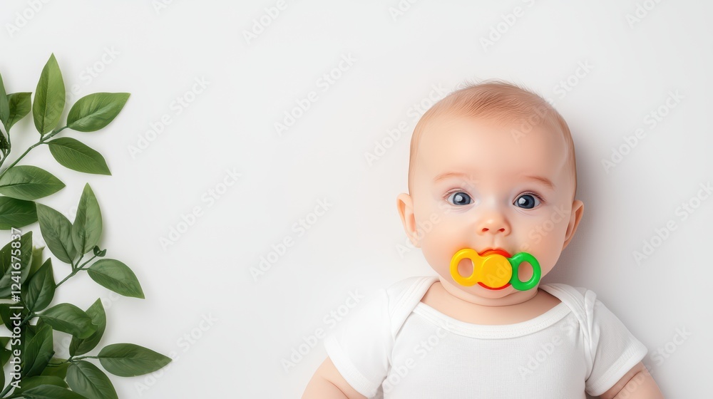 Cute baby with pacifier lying on white background and green leaves
