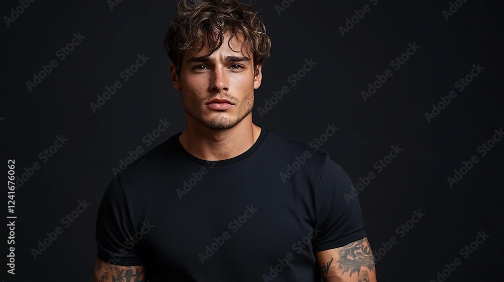 Fototapeta premium Man, portrait, serious, studio, black, background, fashion, model