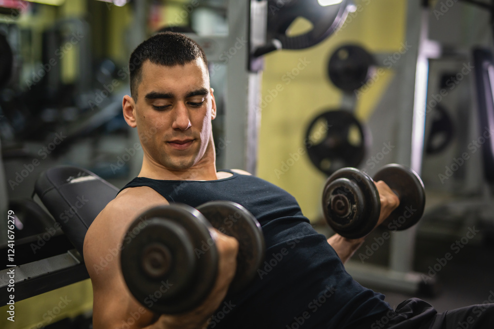 muscular man do exercise for biceps with dumbbells on sports bench muscular man do exercise for biceps with dumbbells on sports bench