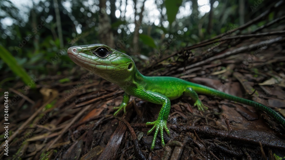 A vibrant green lizard perched on forest floor amidst lush vegetation, showcasing natural habitat A vibrant green lizard perched on forest floor amidst lush vegetation, showcasing natural habitat