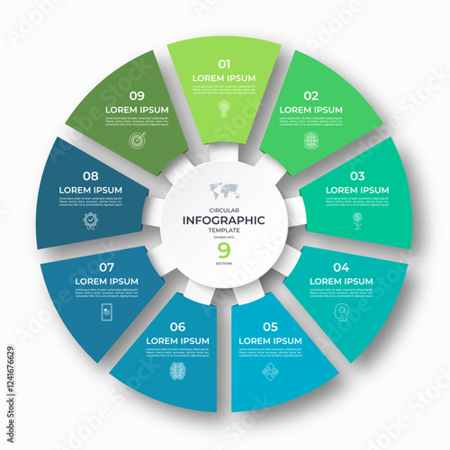 Vector infographic circular template divided into 9 sections, parts. Cycle diagram with 9 options. 9-step round chart. Suitable for use in presentations, reports, visualizing data, marketing materials