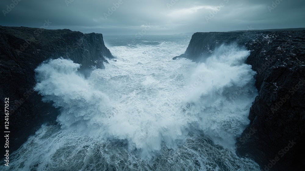 Fototapeta premium Dramatic ocean waves crashing between cliffs, stormy seascape