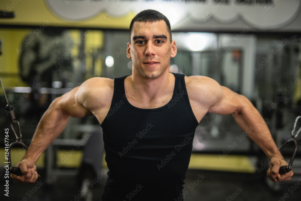 Fototapeta premium portrait of young muscular man do workout on exercise machine at gym