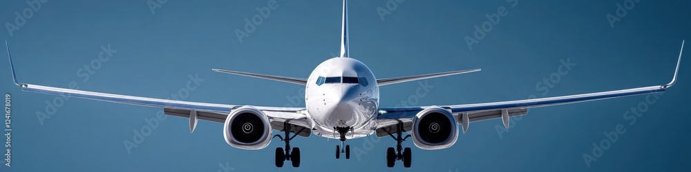 A large commercial airliner soaring through a clear blue sky, perfect for travel or aviation related uses A large commercial airliner soaring through a clear blue sky, perfect for travel or aviation related uses