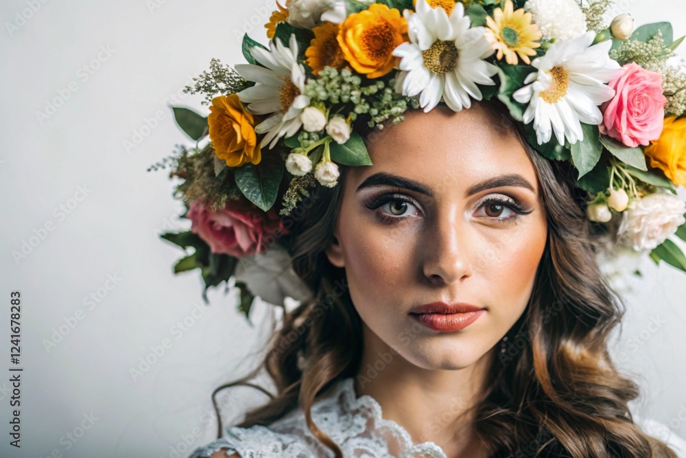 Portrait of a beautiful young woman in close-up with a floral tiara or a wreath on her head on a white background. Spanish culture, Latin American heritage. Portrait of a beautiful young woman in close-up with a floral tiara or a wreath on her head on a white background. Spanish culture, Latin American heritage.