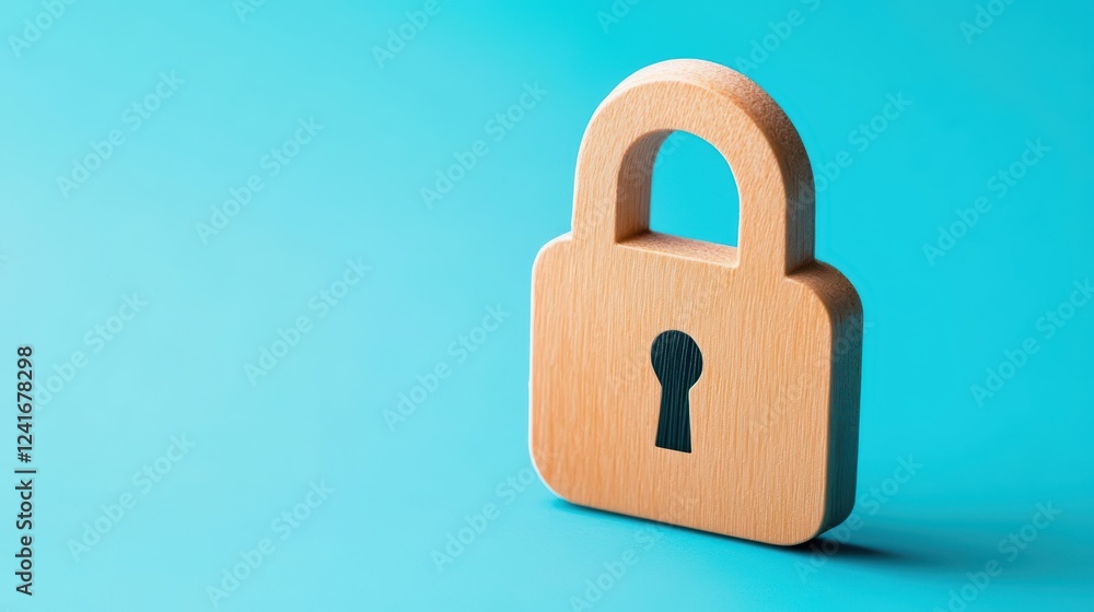Fototapeta premium Wooden padlock on blue background symbolizing security and safety