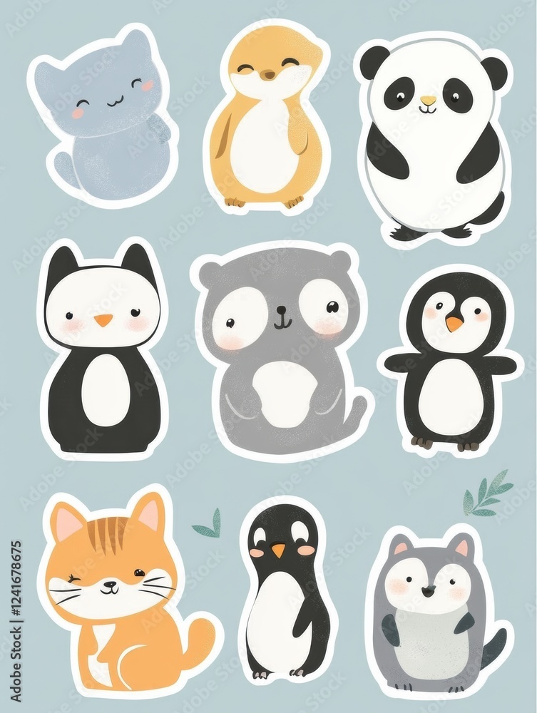 Colorful animal stickers featuring cute designs of cats, pandas, penguins, and more for creative projects and decorations. Generative AI Colorful animal stickers featuring cute designs of cats, pandas, penguins, and more for creative projects and decorations. Generative AI