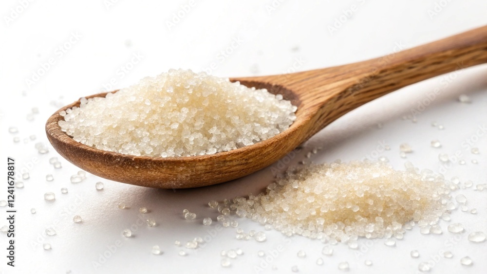 Sweet Granulated Sugar in Rustic Wooden Spoon, Isolated White Background, Upscaled Image, Perfect Sweet Granulated Sugar in Rustic Wooden Spoon, Isolated White Background, Upscaled Image, Perfect