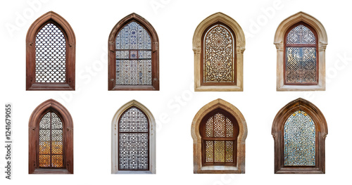 Collection of Colorful Stained Glass Windows in Historic Architecture, isolated on transparent background