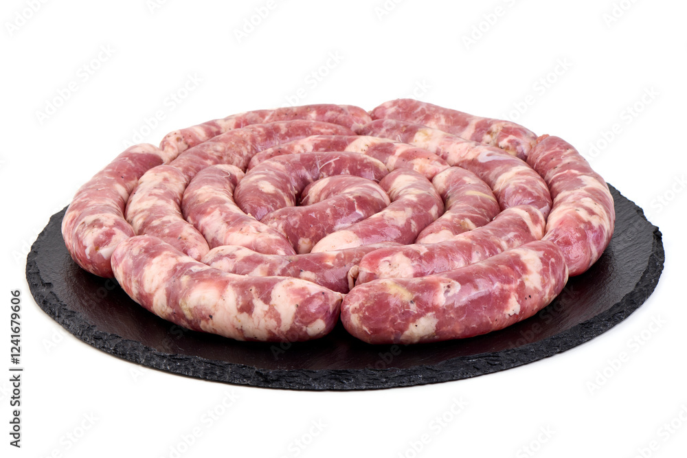 Obraz premium Raw Chopped Meat Sausages Isolated on White Background.