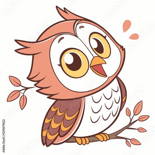 Cute Cartoon Owl Illustration: Peach & Brown, Autumn Theme.