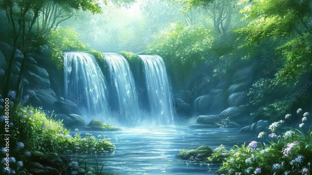 Serene Waterfall in Lush Green Forest Surrounded by Vibrant Flora Serene Waterfall in Lush Green Forest Surrounded by Vibrant Flora