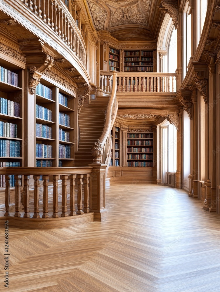 Obraz premium Grand Wooden Library Interior - Luxurious library with a grand wooden staircase and ornate bookshelves filled with books. Sunlight streams through tall windows.