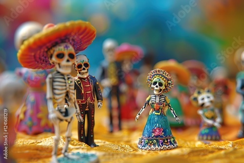 miniature people in Glossy shinny Intricate colorful Intricate golden, rule of thirds, banner design without text Day of the dead rule of thirds, corner right side placed photo