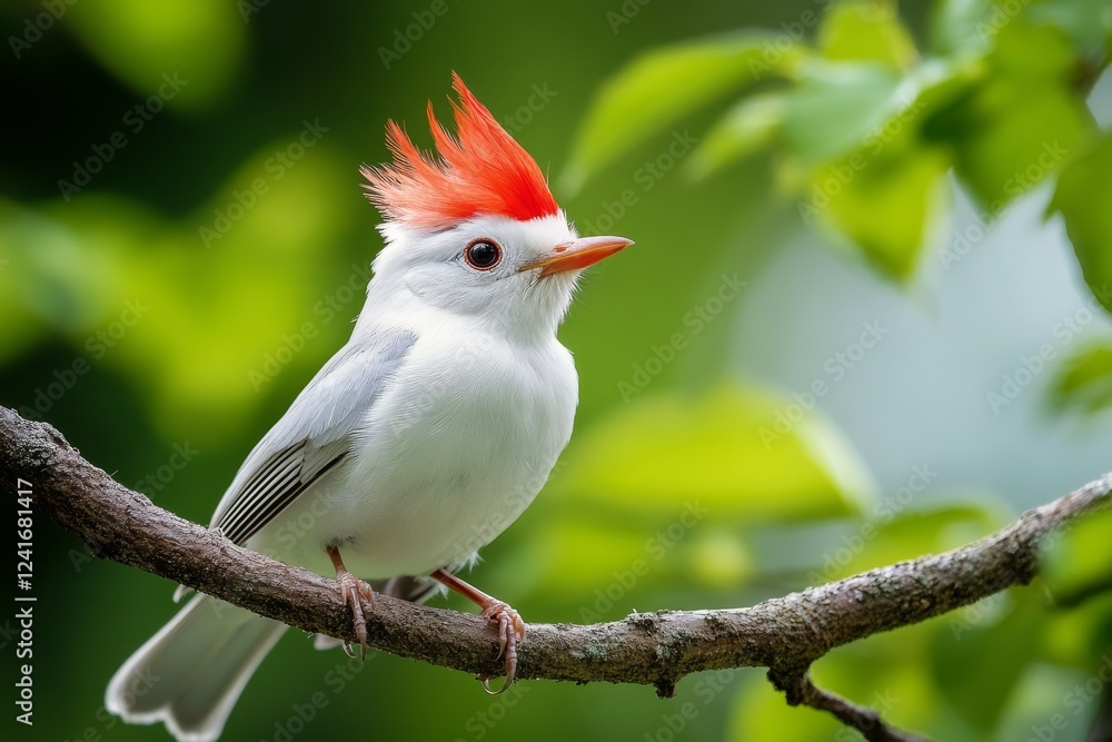 Unique bird with vibrant red crest perched on a branch in a lush green setting Unique bird with vibrant red crest perched on a branch in a lush green setting